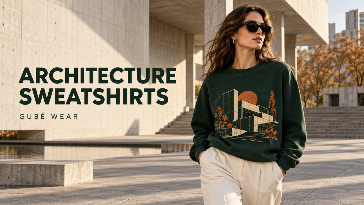 Woman wearing a green architecture graphic sweatshirt in a concrete plaza — GUBÉ WEAR.