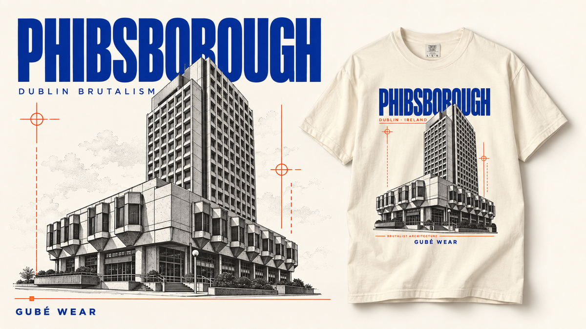 Phibsborough Shopping Centre architectural illustration beside an ivory GUBÉ WEAR Dublin Brutalist T-shirt.