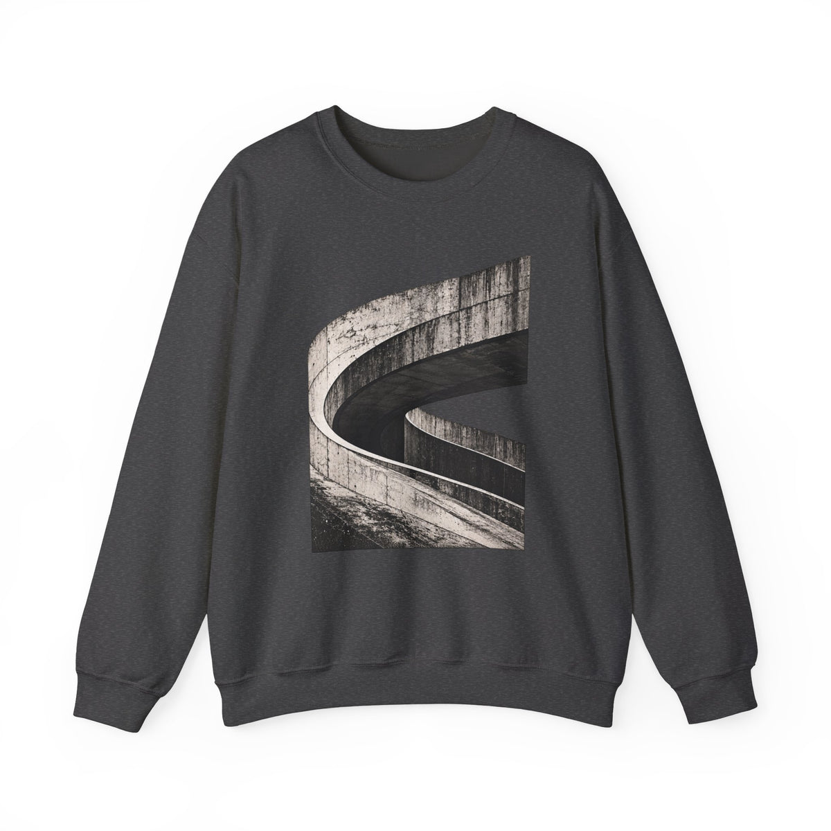 Brutalist Flow Sweatshirt — Abstract Architectural Spiral Crewneck