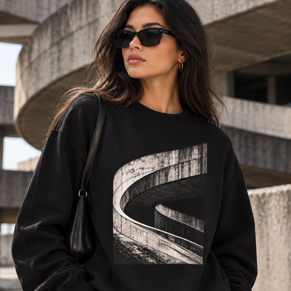 Brutalist Flow Sweatshirt — Abstract Architectural Spiral Crewneck